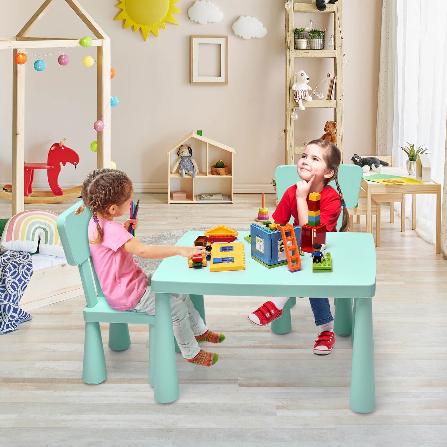 3 Pieces Toddler Multi Activity Play Dining Study Kids Table and Chair Set-Blue