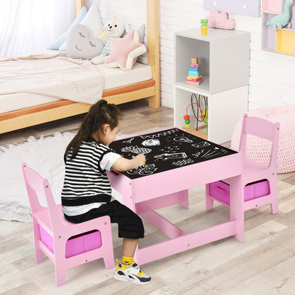 Kids Table Chairs Set With Storage Boxes Blackboard Whiteboard Drawing-Pink