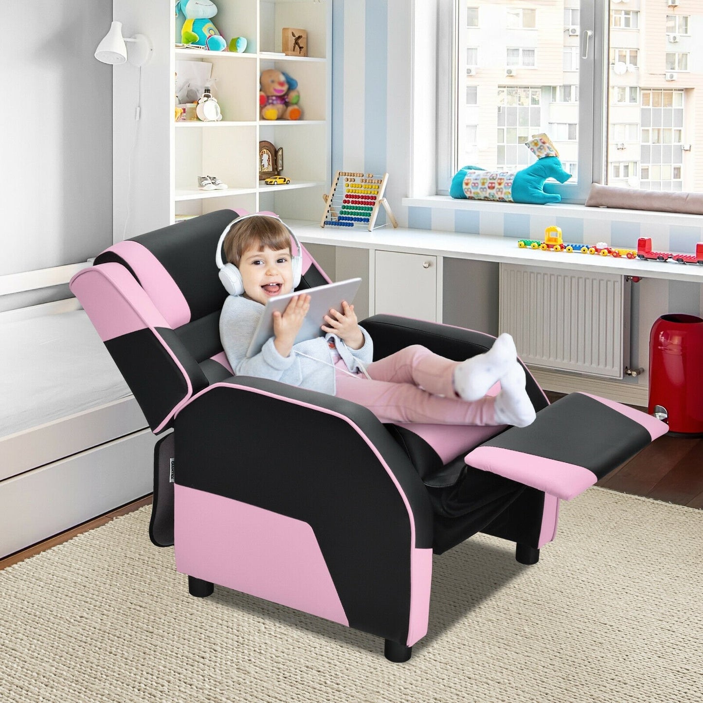 Kids Youth PU Leather Gaming Sofa Recliner with Headrest and Footrest-Blue