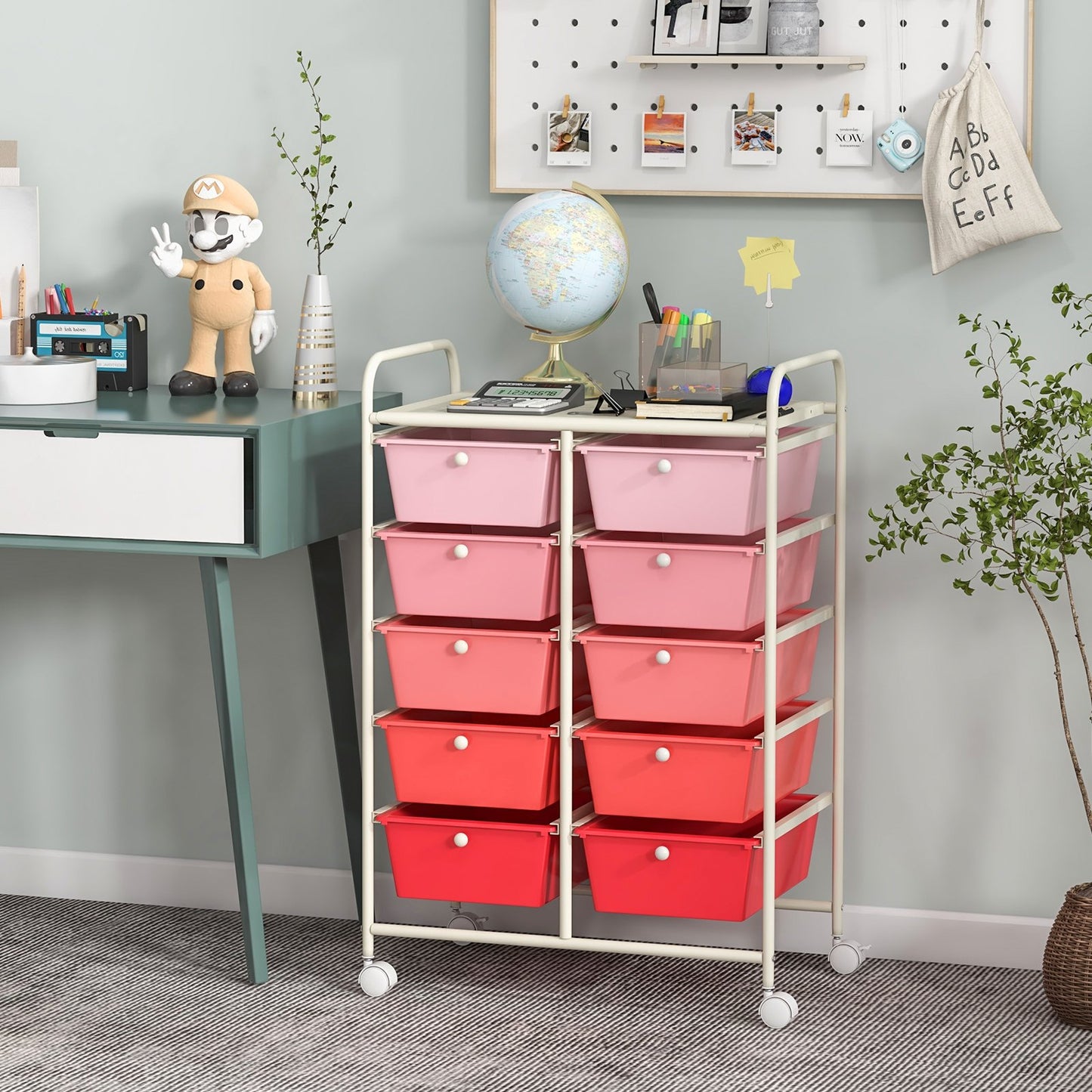 10-Drawer Rolling Storage Cart-Beige & Gray