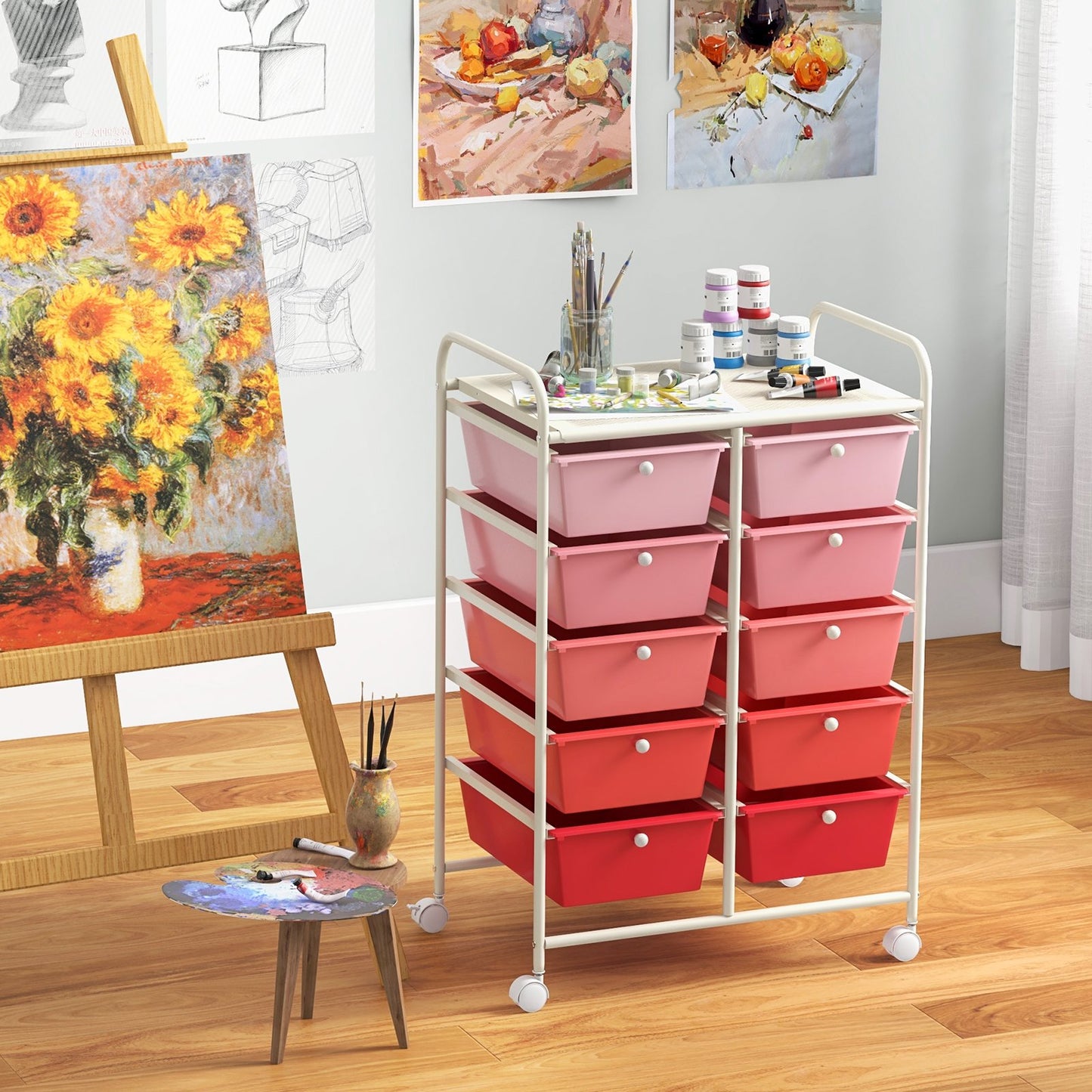 10-Drawer Rolling Storage Cart-Beige & Gray