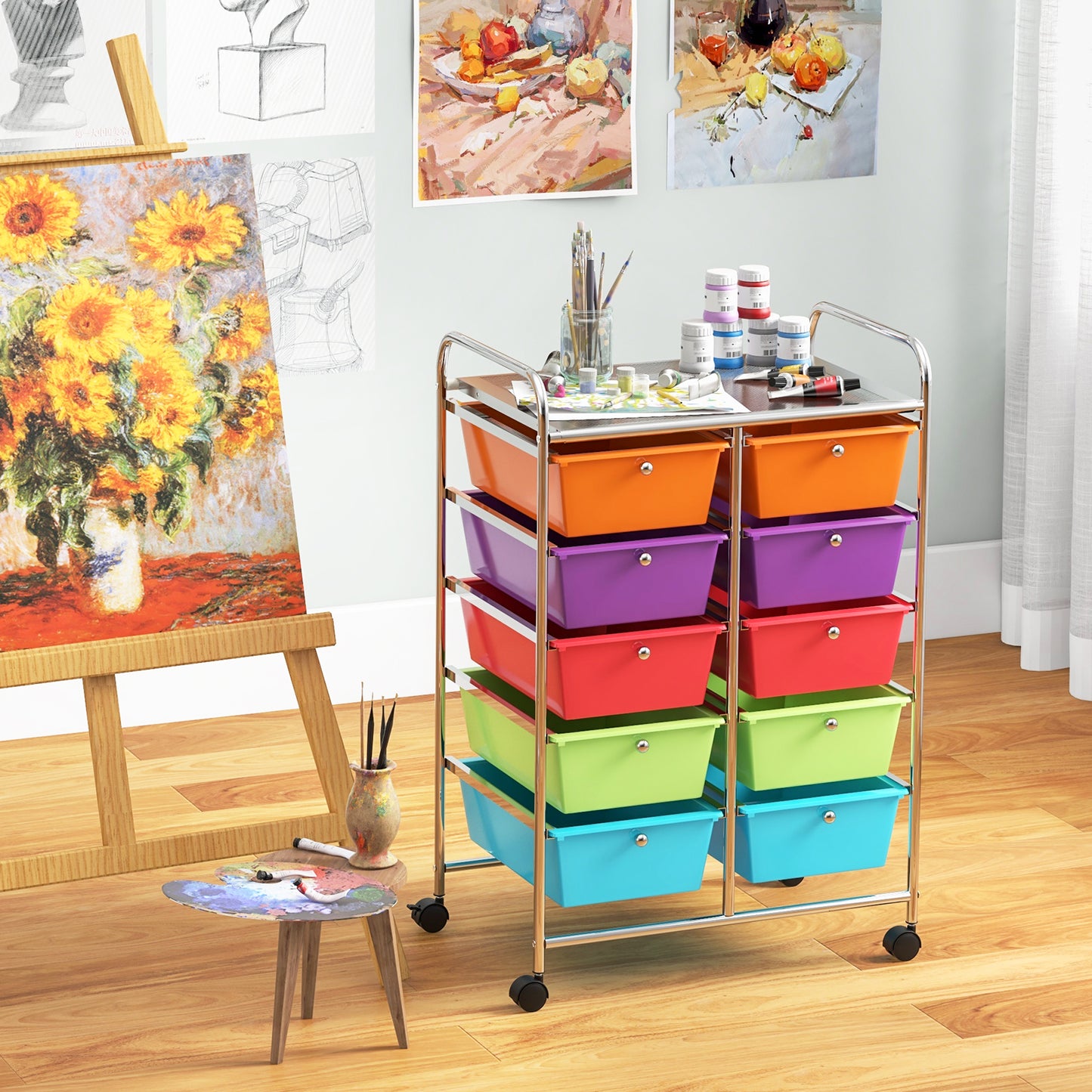 10-Drawer Rolling Storage Cart-Beige & Gray