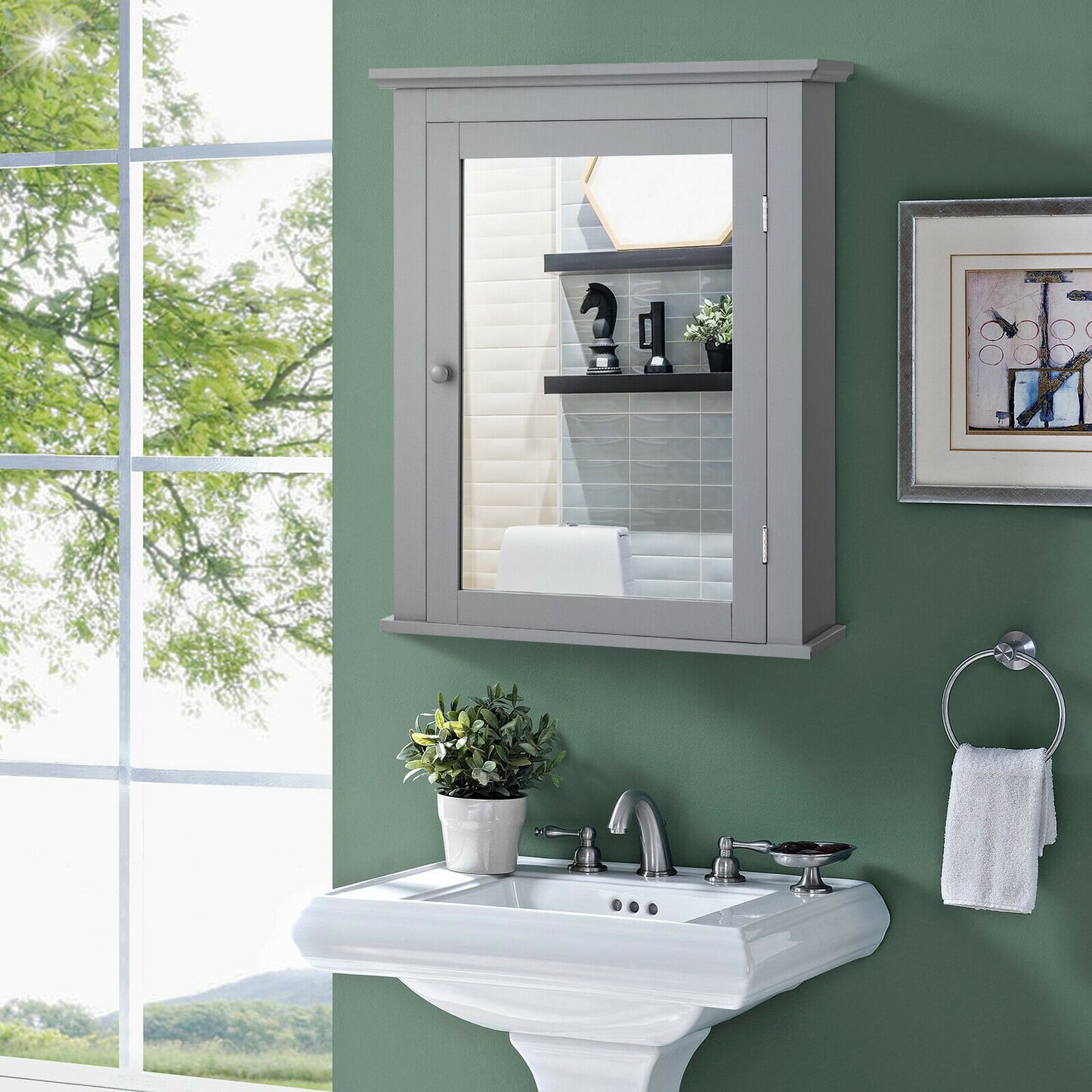 Bathroom Mirror Cabinet Wall Mounted Adjustable Shelf Medicine Storage-Gray