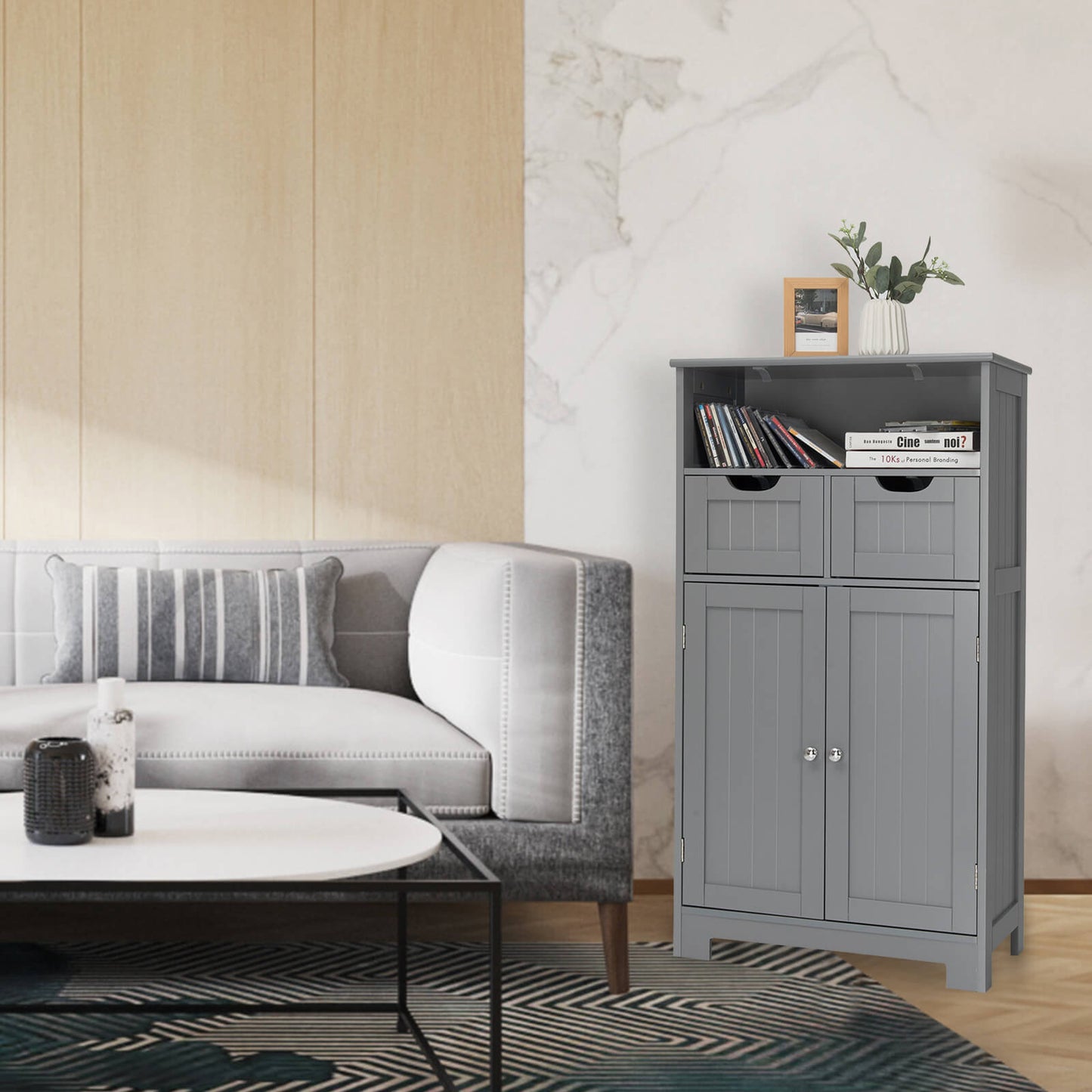 Bathroom Wooden Side Cabinet  with 2 Drawers and 2 Doors-Black