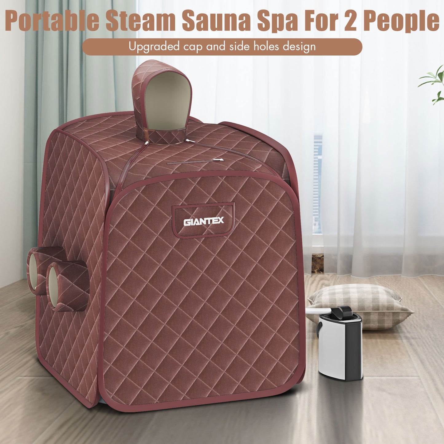 800W 2 Person Portable Steam Sauna Tent SPA with Hat Side Holes 3L Steamer-Coffee