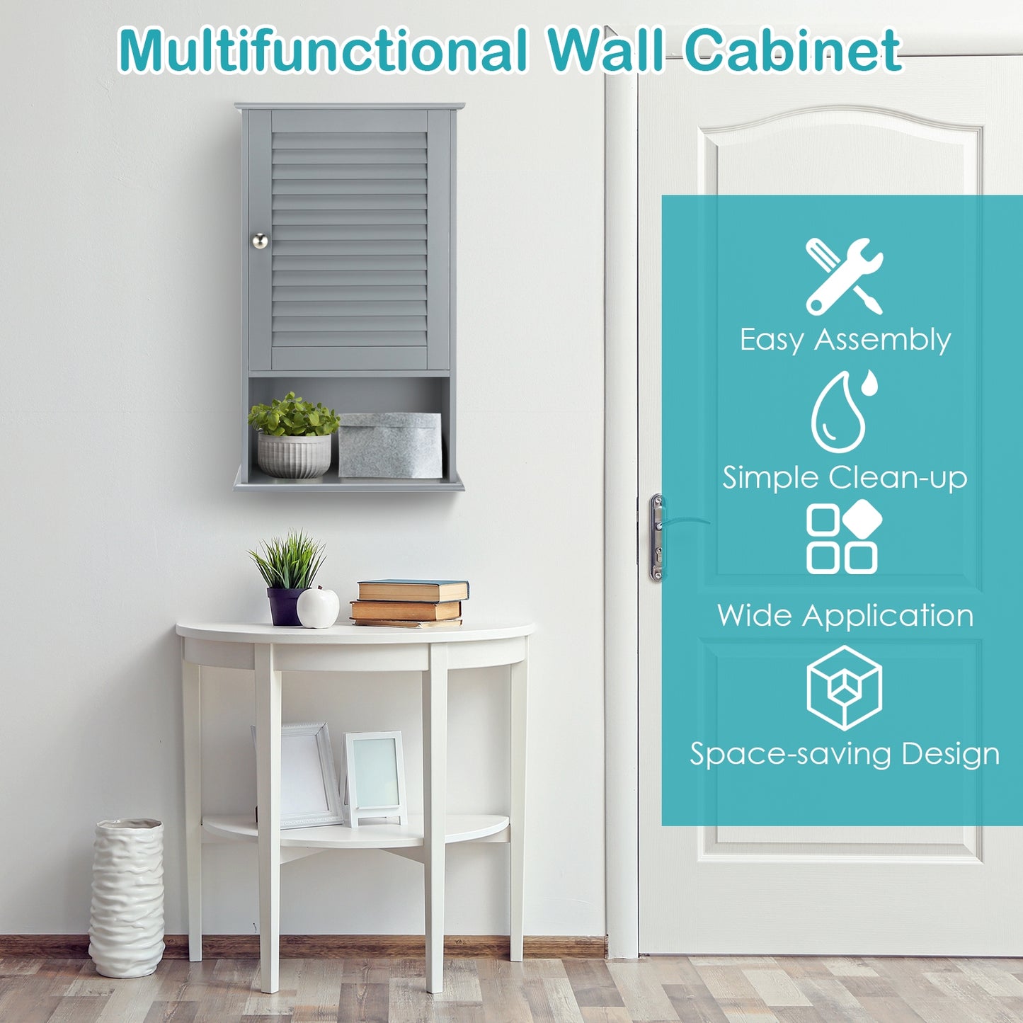 Bathroom Wall Mount Storage Cabinet Single Door with Height Adjustable Shelf-Gray