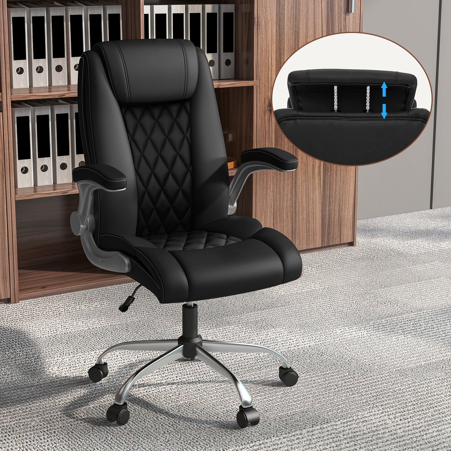 Modern Height Adjustable PU Leather Office Chair with Rocking Function-Black
