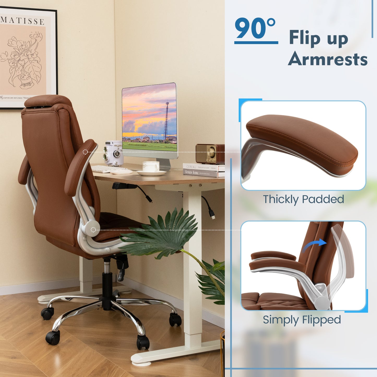 Modern Height Adjustable PU Leather Office Chair with Rocking Function-Brown