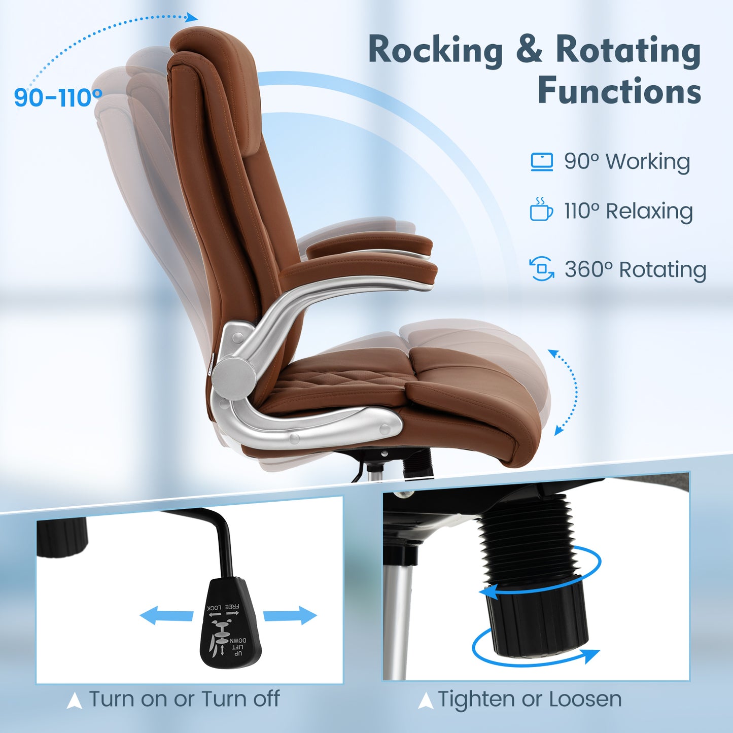 Modern Height Adjustable PU Leather Office Chair with Rocking Function-Brown