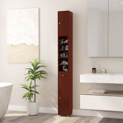 Freestanding Slim Bathroom Cabinet with Drawer and Adjustable Shelves-Brown