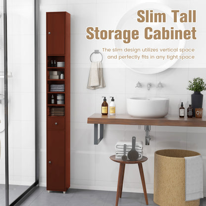Freestanding Slim Bathroom Cabinet with Drawer and Adjustable Shelves-Brown