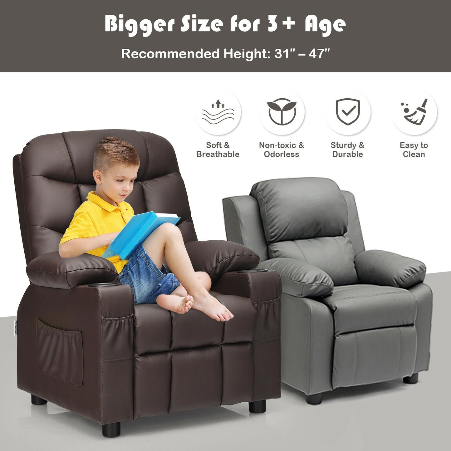 Kids Recliner Chair with Cup Holder and Footrest for Children-Beige