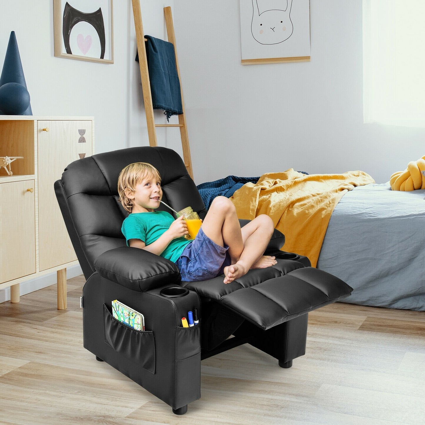 Kids Recliner Chair with Cup Holder and Footrest for Children-Beige