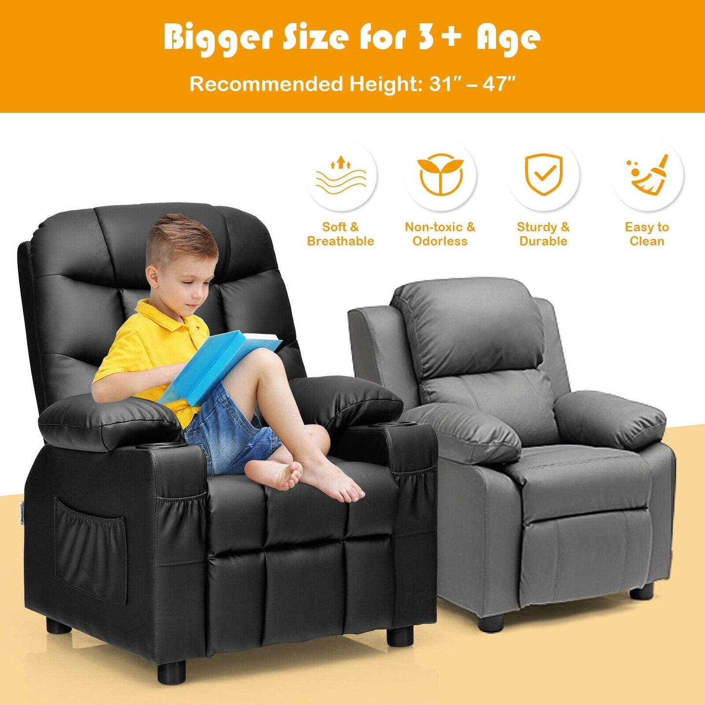 Kids Recliner Chair with Cup Holder and Footrest for Children-Beige
