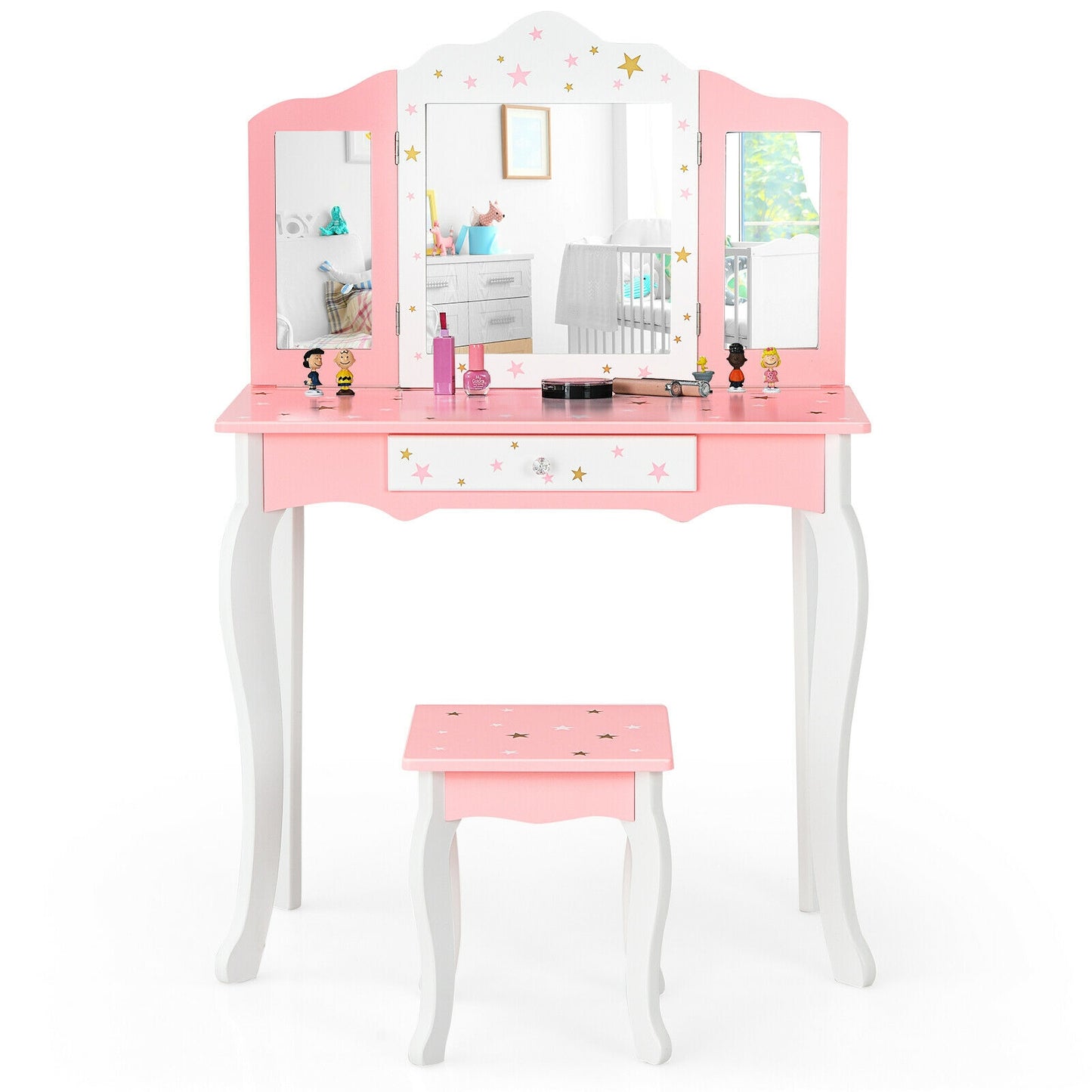 Kids Princess Vanity Table and Stool Set with Tri-folding Mirror and Drawer-Pink