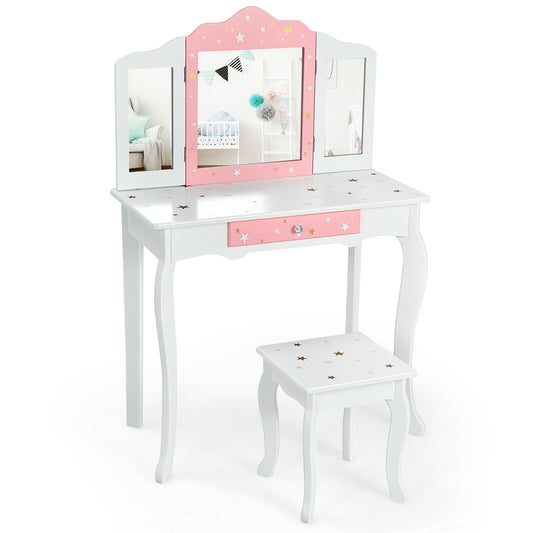 Kids Princess Vanity Table and Stool Set with Tri-folding Mirror and Drawer-White