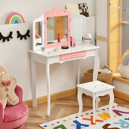 Kids Princess Vanity Table and Stool Set with Tri-folding Mirror and Drawer-Pink