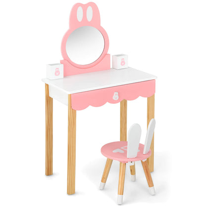 Kids Vanity Set Rabbit Makeup Dressing Table Chair Set with Mirror and Drawer-White