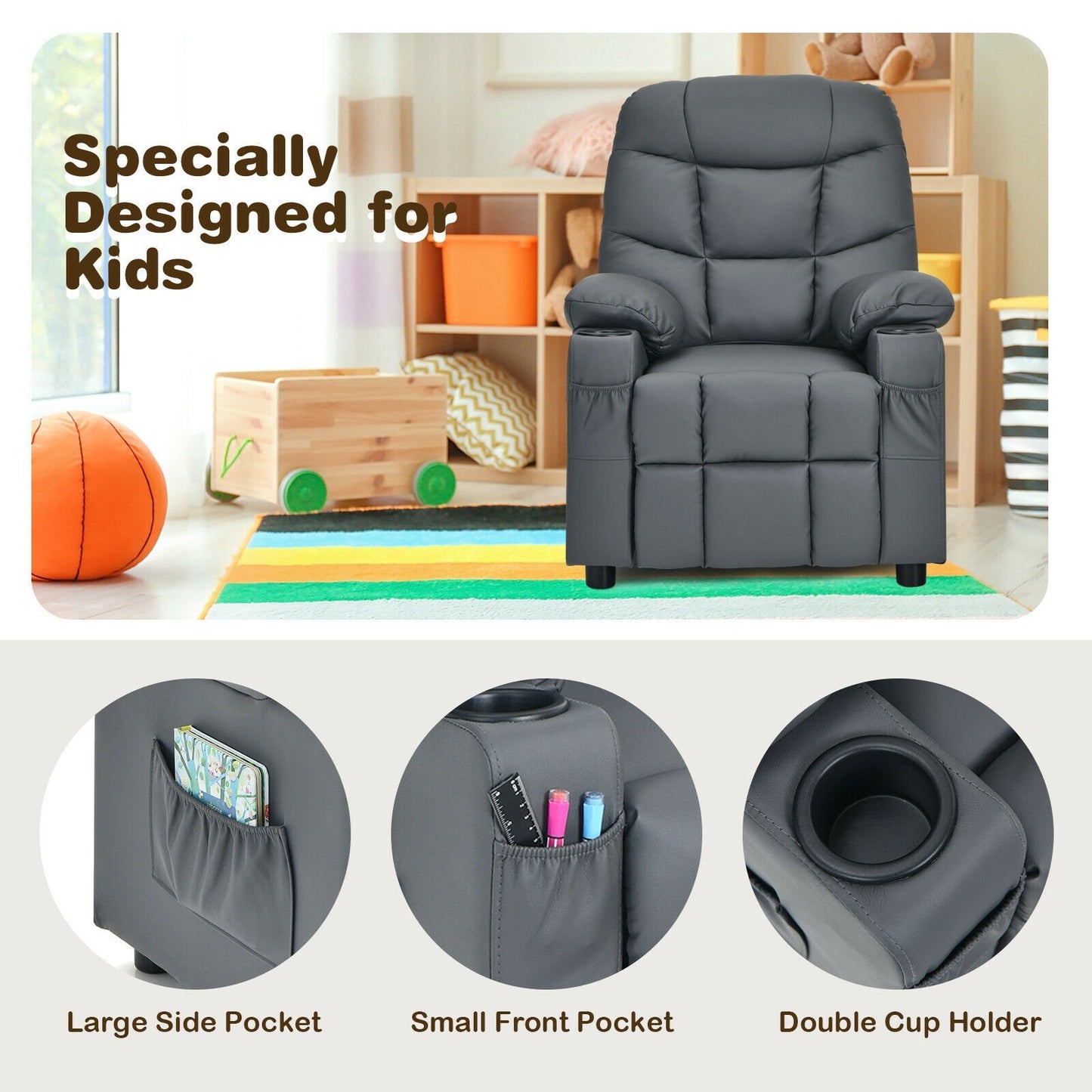 Kids Recliner Chair with Cup Holder and Footrest for Children-Beige