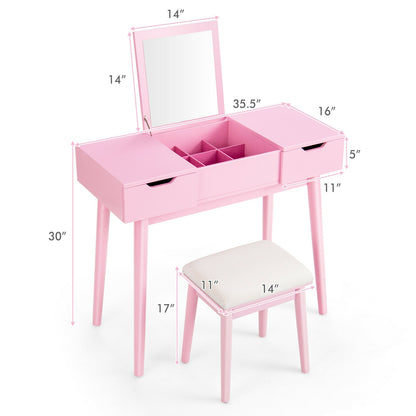 Makeup Vanity Table Set with Flip Top Mirror and 2 Drawers-Pink