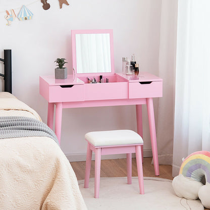 Makeup Vanity Table Set with Flip Top Mirror and 2 Drawers-Pink