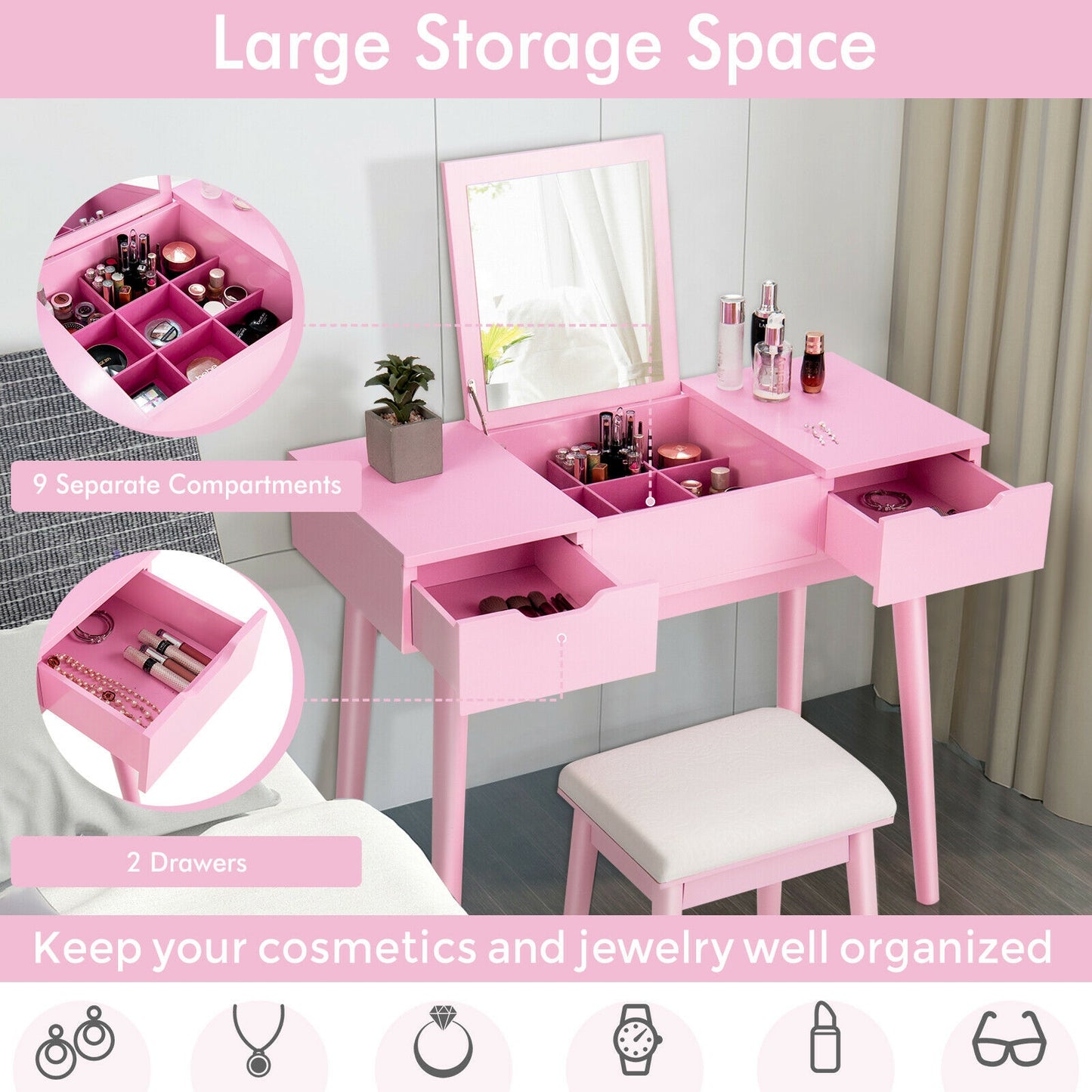 Makeup Vanity Table Set with Flip Top Mirror and 2 Drawers-Pink