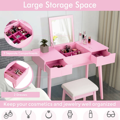 Makeup Vanity Table Set with Flip Top Mirror and 2 Drawers-Pink