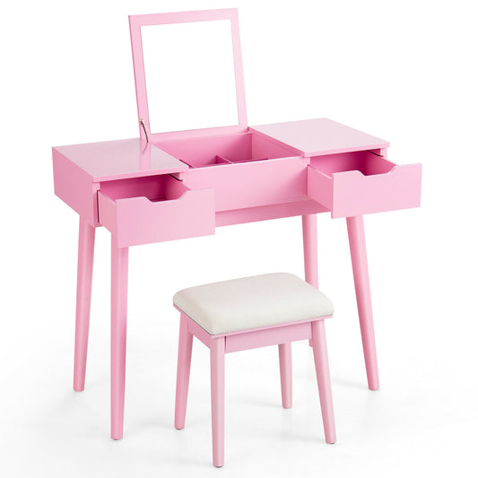 Makeup Vanity Table Set with Flip Top Mirror and 2 Drawers-Pink
