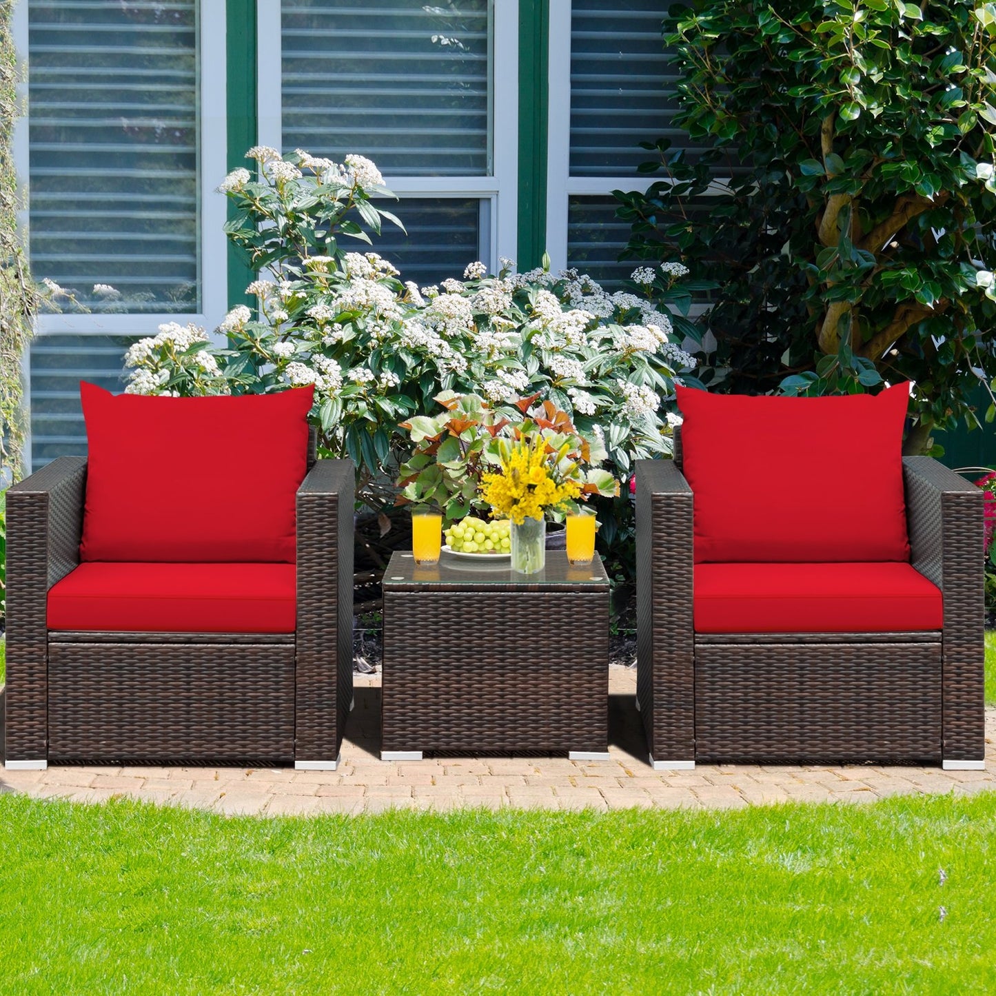 3 Pcs Patio Conversation Rattan Furniture Set with Cushion-Beige
