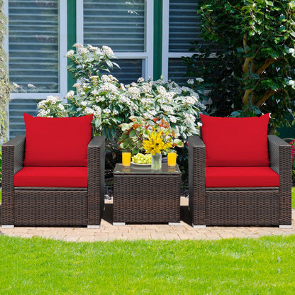 3 Pcs Patio Conversation Rattan Furniture Set with Cushion-Beige