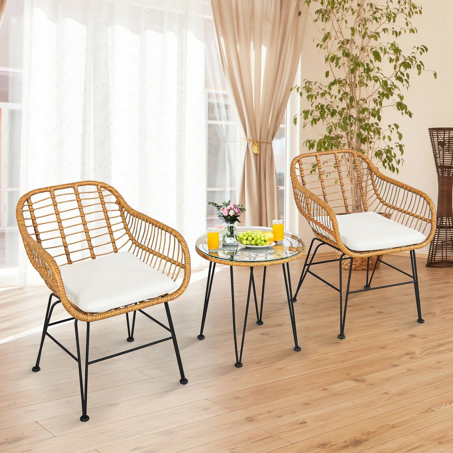 3 Pieces Rattan Furniture Set with Cushioned Chair Table-Black