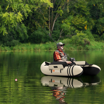 Inflatable Fishing Float Tube with Pump Storage Pockets and Fish Ruler-Beige