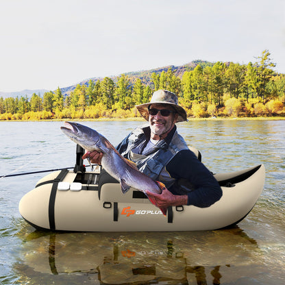 Inflatable Fishing Float Tube with Pump Storage Pockets and Fish Ruler-Beige