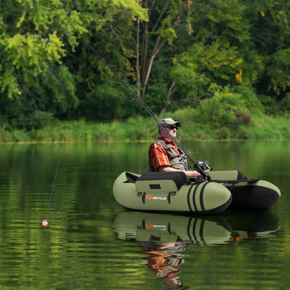 Inflatable Fishing Float Tube with Fish Ruler and Pump Storage Pockets-Beige