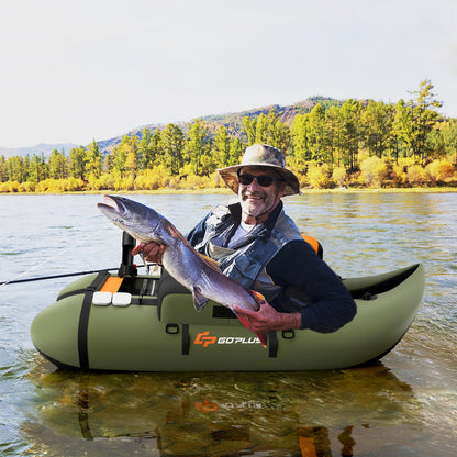 Inflatable Fishing Float Tube with Fish Ruler and Pump Storage Pockets-Beige