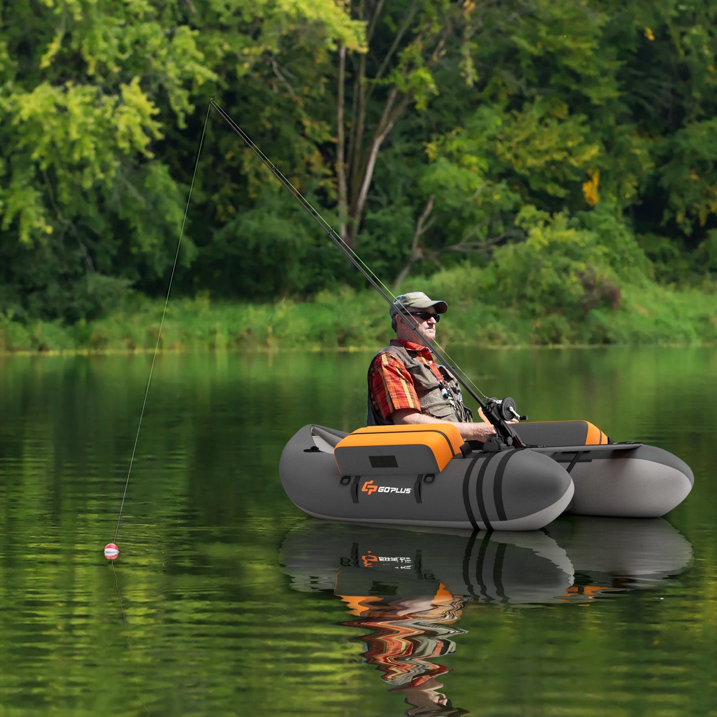 Inflatable Fishing Float Tube with Fish Ruler and Pump Storage Pockets-Beige