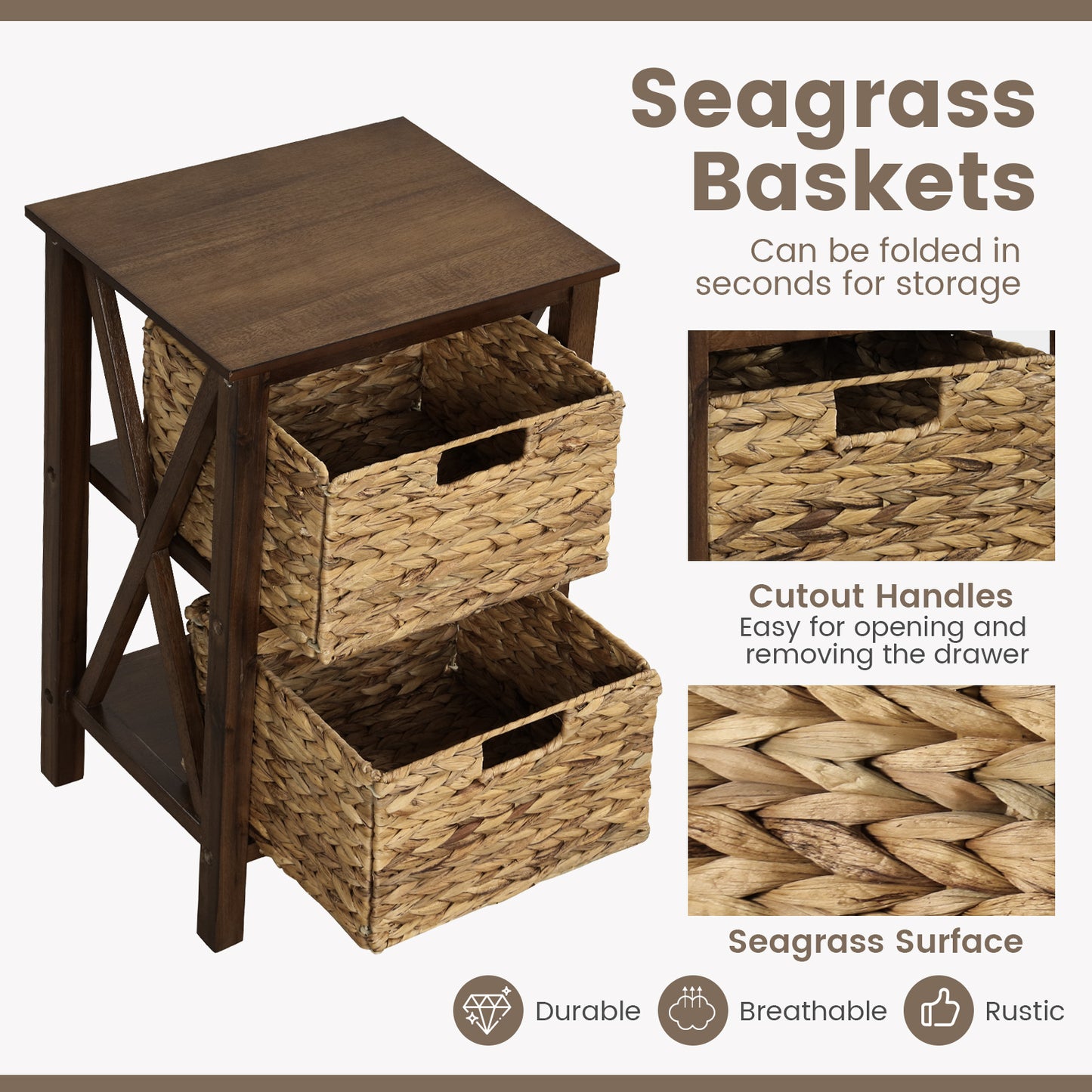 3-Tier Nightstand with 2 Seagrass Baskets Narrow X-Design