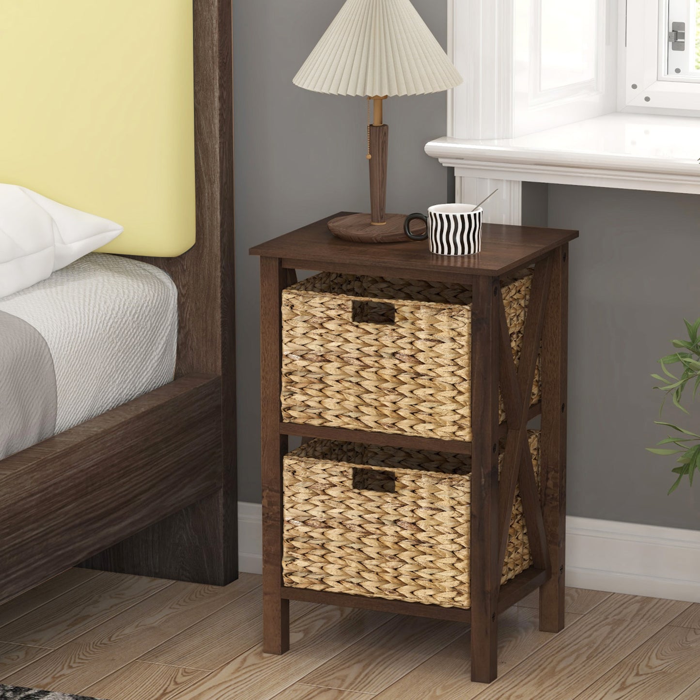 3-Tier Nightstand with 2 Seagrass Baskets Narrow X-Design