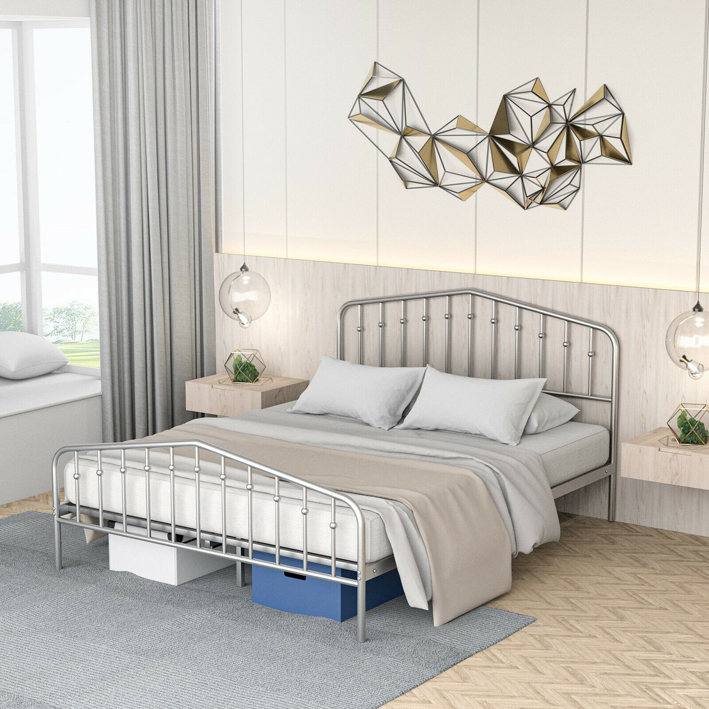 Queen Size Metal Bed Frame Steel Slat Platform