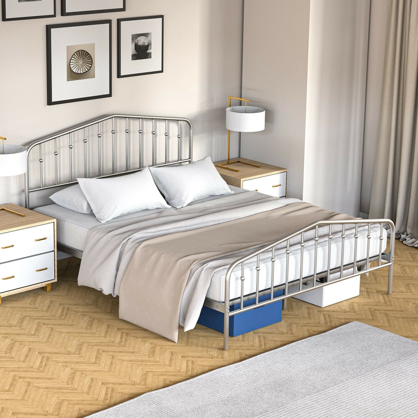 Queen Size Metal Bed Frame Steel Slat Platform