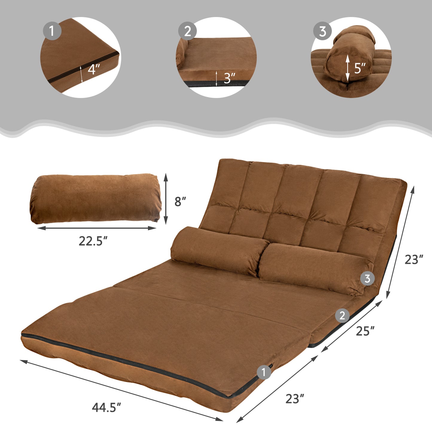 Foldable Floor 6-Position Adjustable Lounge Couch-Brown