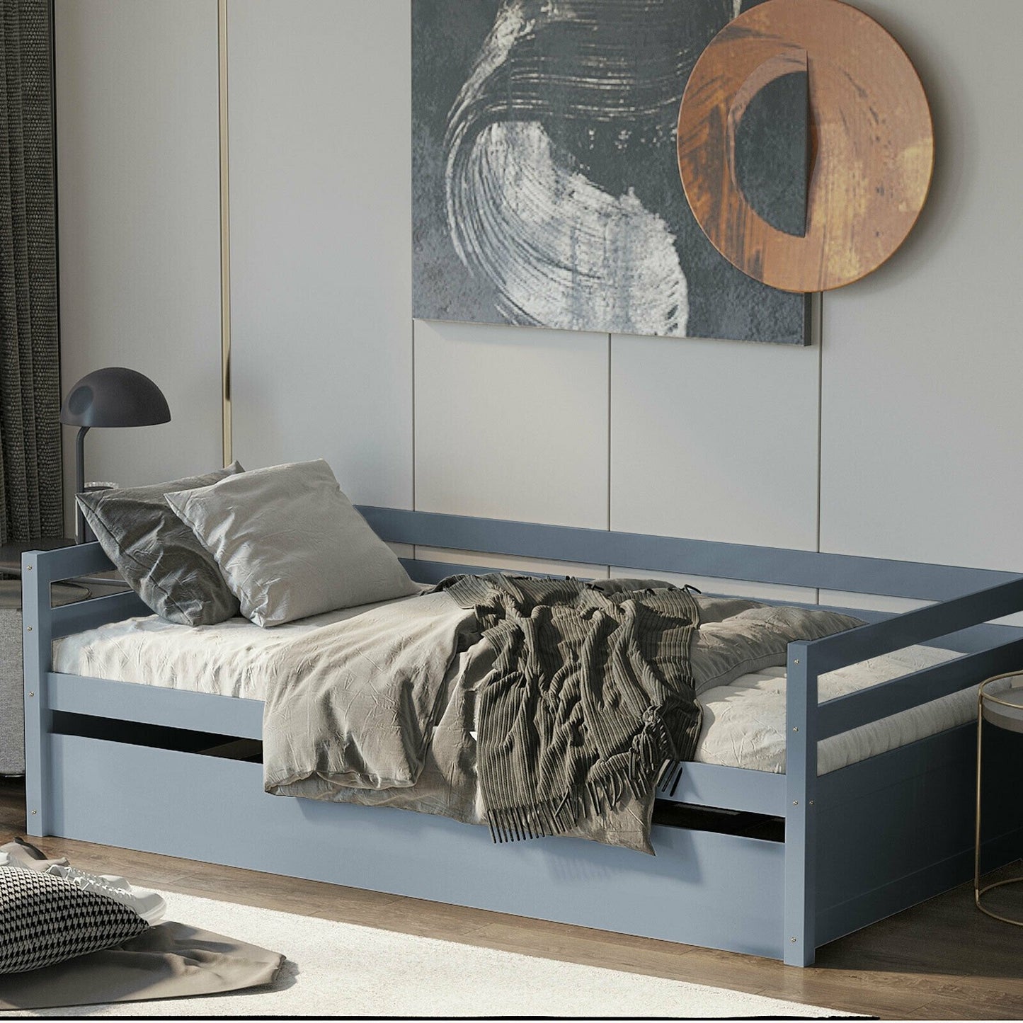 Twin Size Trundle Platform Bed Frame with  Wooden Slat Support-Dark Brown