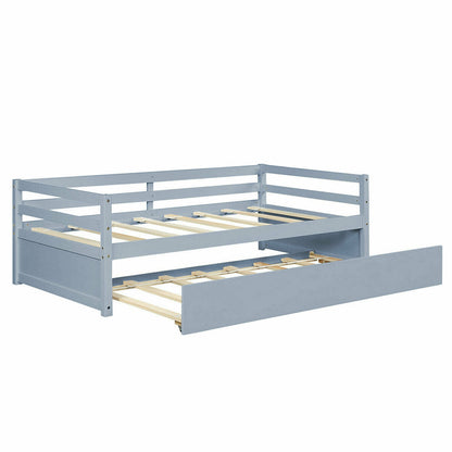 Twin Size Trundle Platform Bed Frame with  Wooden Slat Support-Dark Brown
