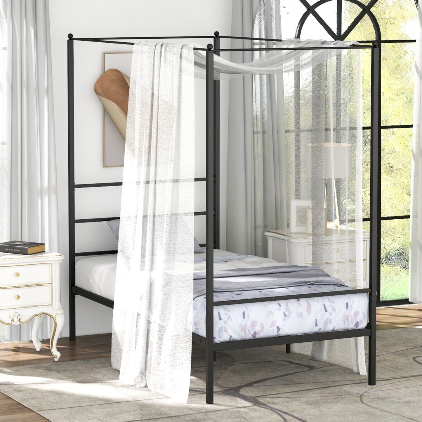 Twin/Full/Queen Size Metal Canopy Bed Frame with Slat Support-Full Size