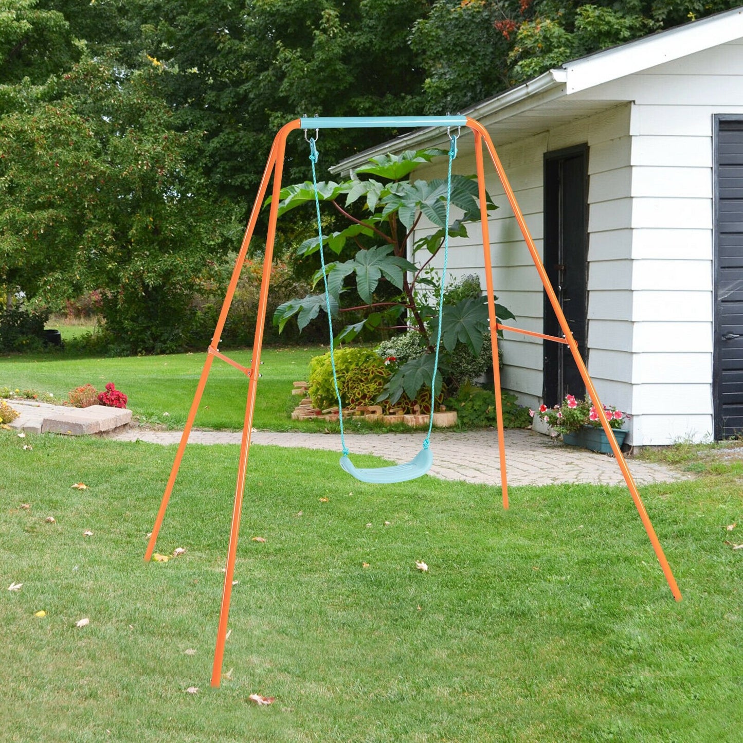 Outdoor Kids Swing Set with Heavy-Duty Metal A-Frame and Ground Stakes-Blue