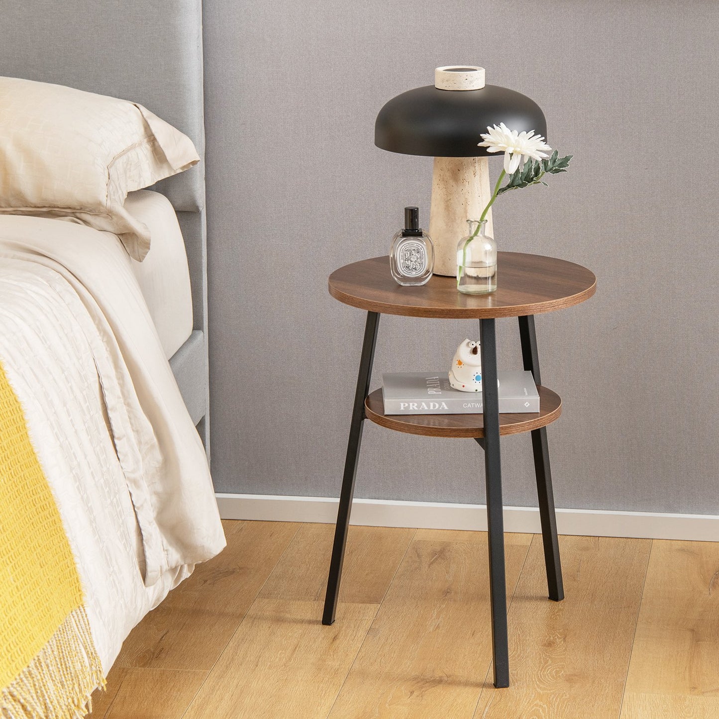 2-Tier Round End Table with Open Shelf and Triangular Metal Frame-Brown