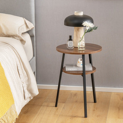 2-Tier Round End Table with Open Shelf and Triangular Metal Frame-Brown