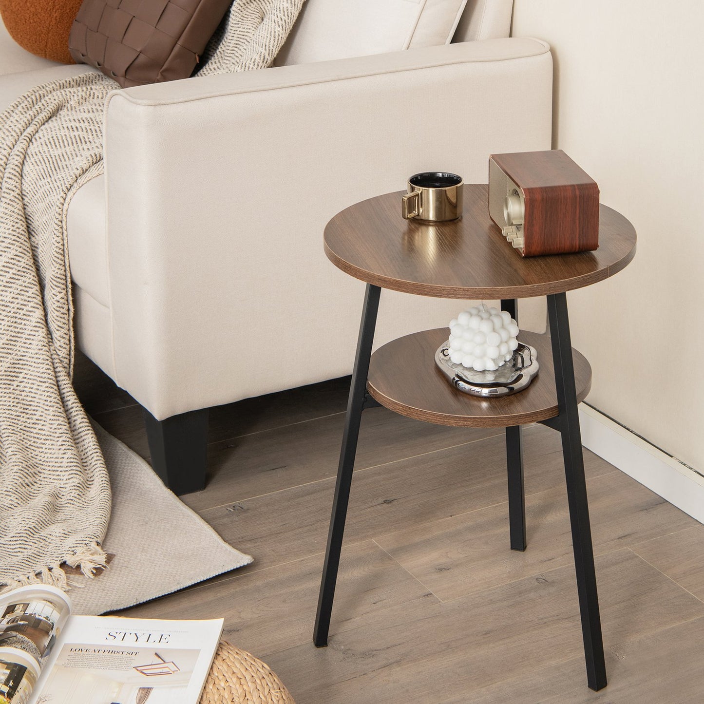 2-Tier Round End Table with Open Shelf and Triangular Metal Frame-Brown