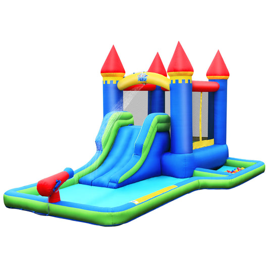 Kids inflatable bounce house water slide with vibrant colors, no blower, suitable for outdoor play and fun in warm weather.