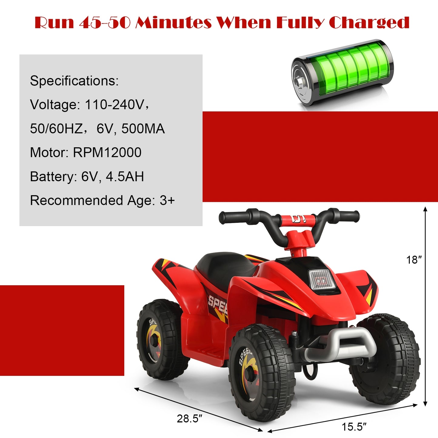 6V Kids Electric ATV 4 Wheels Ride-On Toy -Red